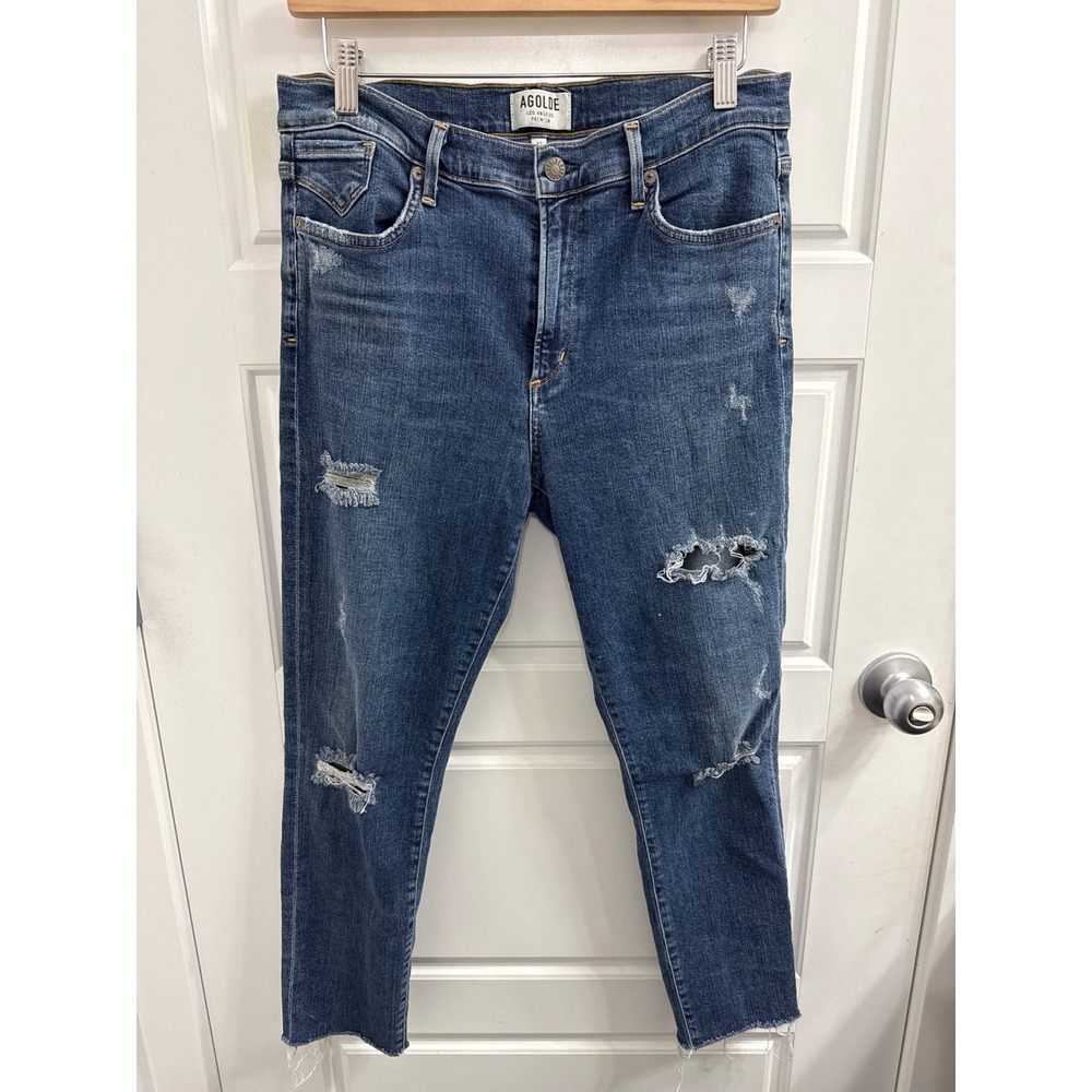 AGOLDE Los Angeles Premium Distressed Skinny Jeans Blue Medium Wash Raw Hem 32